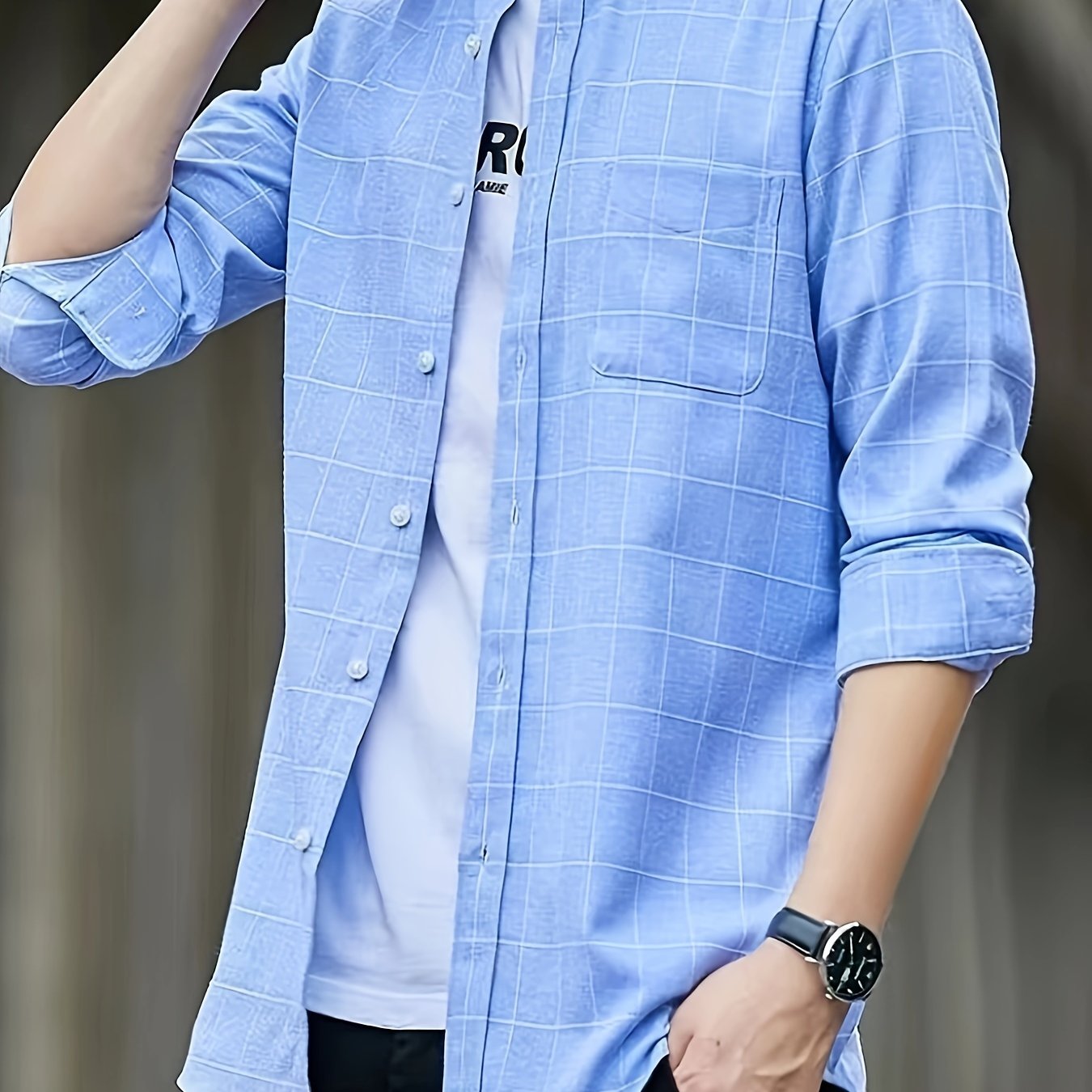 Men's Plaid Lapel Collar Dress Shirts, Long Sleeve Casual Button.