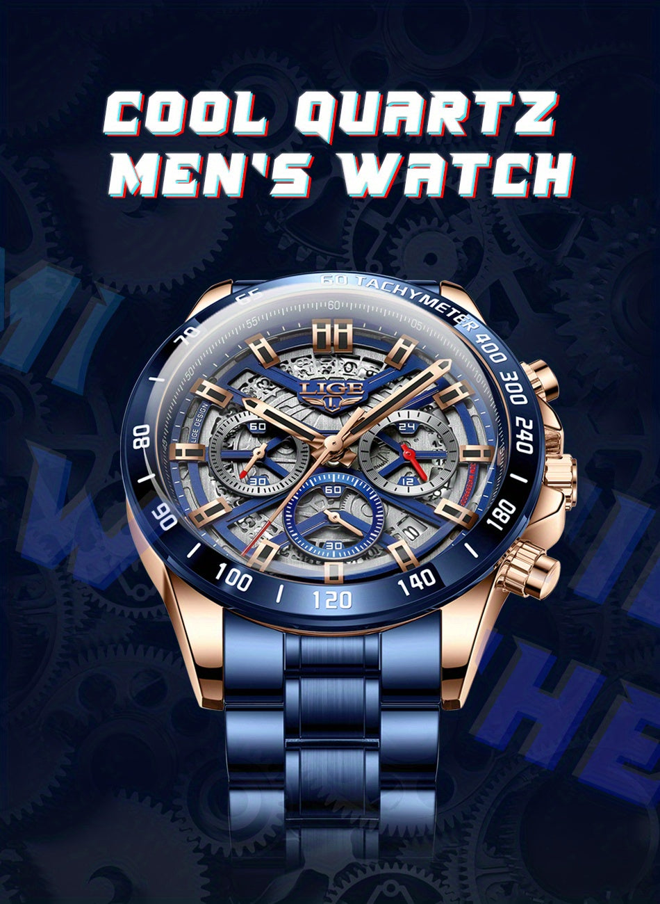 Luxe Timepiece Master - Top-Brand Luxury Quartz Chronograph Watch for Men with Hollowed-Out Design, Business Fashion Sports Style, Ideal Gift Choice for Him