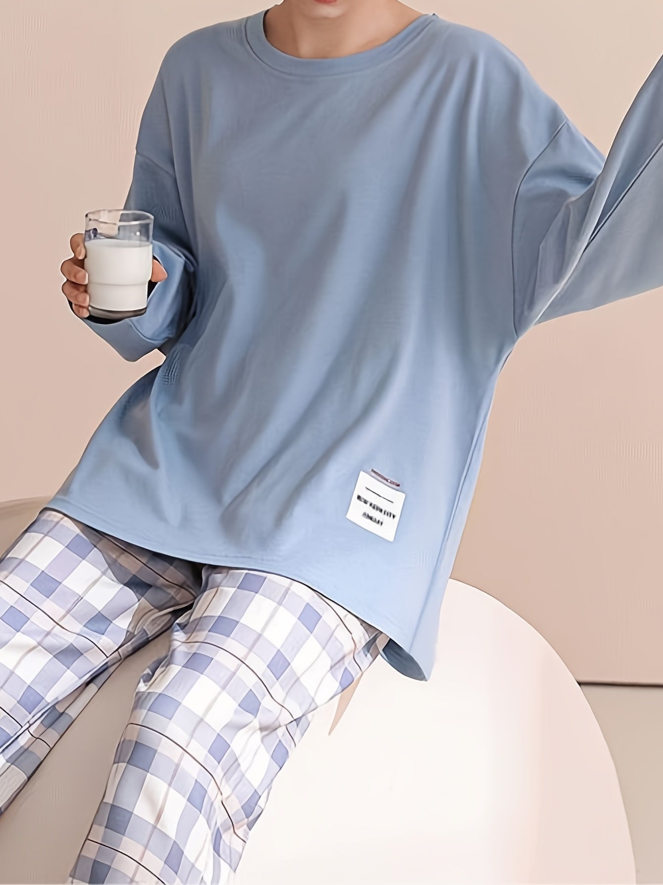 Plaid Print Crew Neck Pajamas Set,