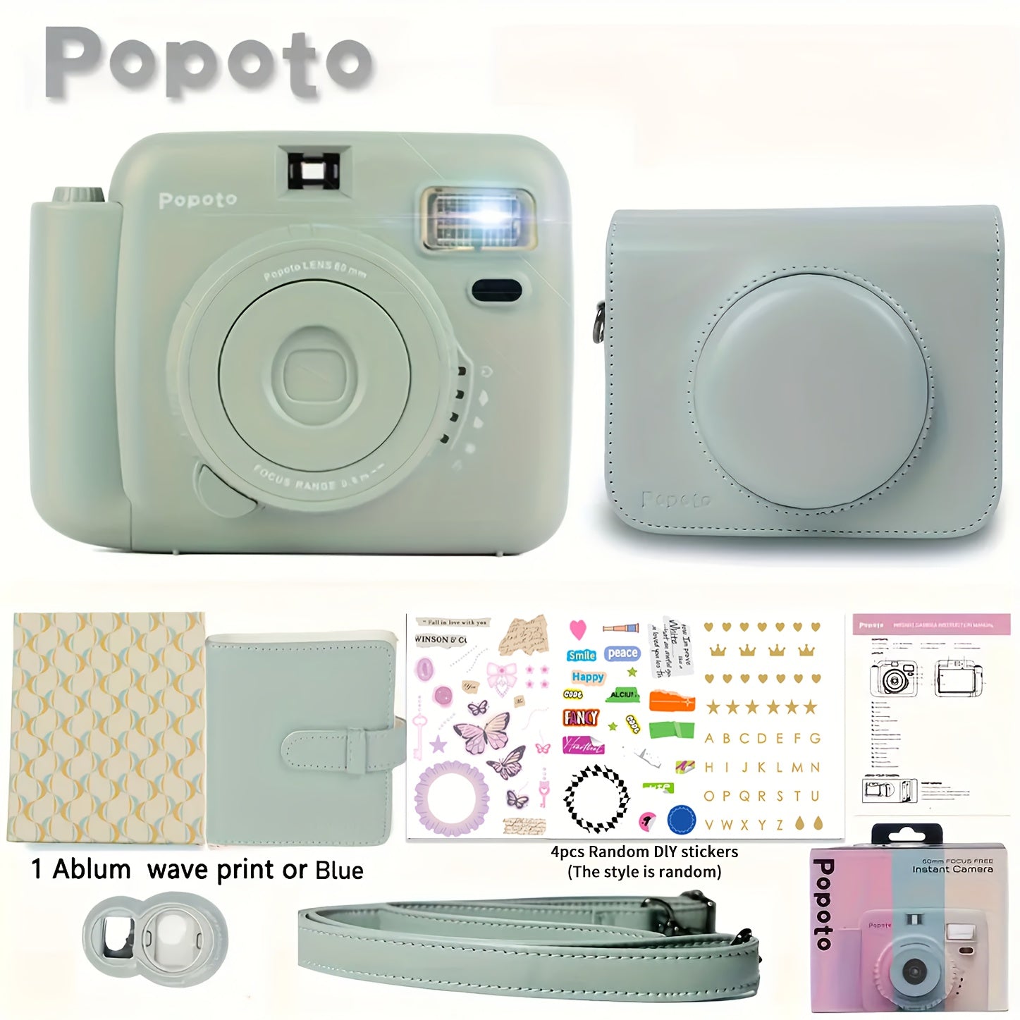 Popoto Instant Camera Gift Set with PU Case - Flash-Enabled, Battery-Free Photography Kit for Outdoor Parties (Camera & Accessories Included, No Batteries or Film)