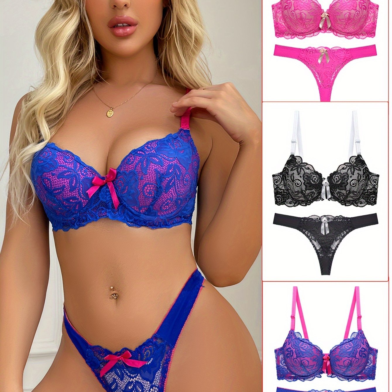 3sets Sexy Bow Decor Bra & Floral Lace Panty, /MH