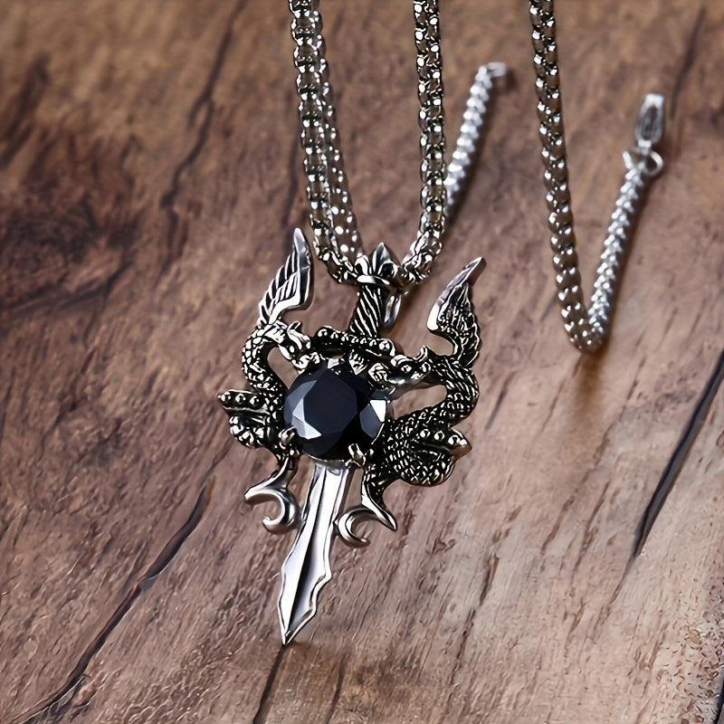 Gothic Knight Double Dragon Cross Sword Pendant Necklace .