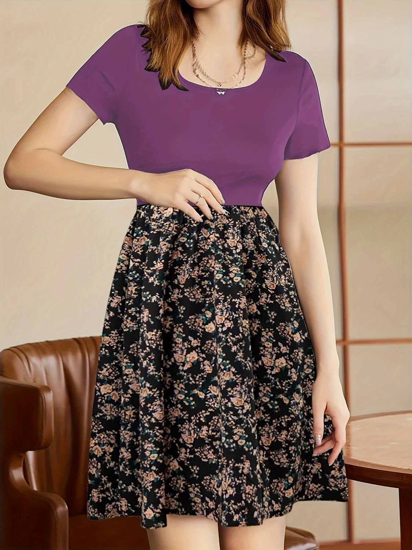 Vibrant Floral Print Crew Neck Dress - Short Sleeve,/MH