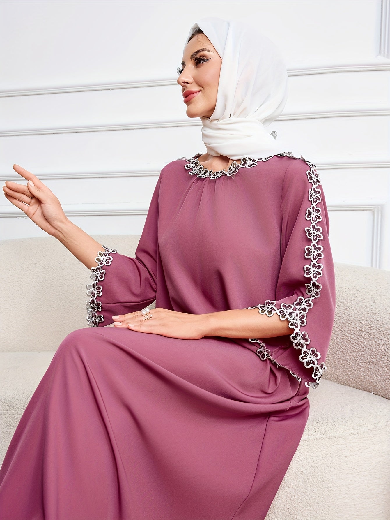 Elegant Long Sleeve Embroidered Kaftan Dress - Round Neck, women fashion'/MH