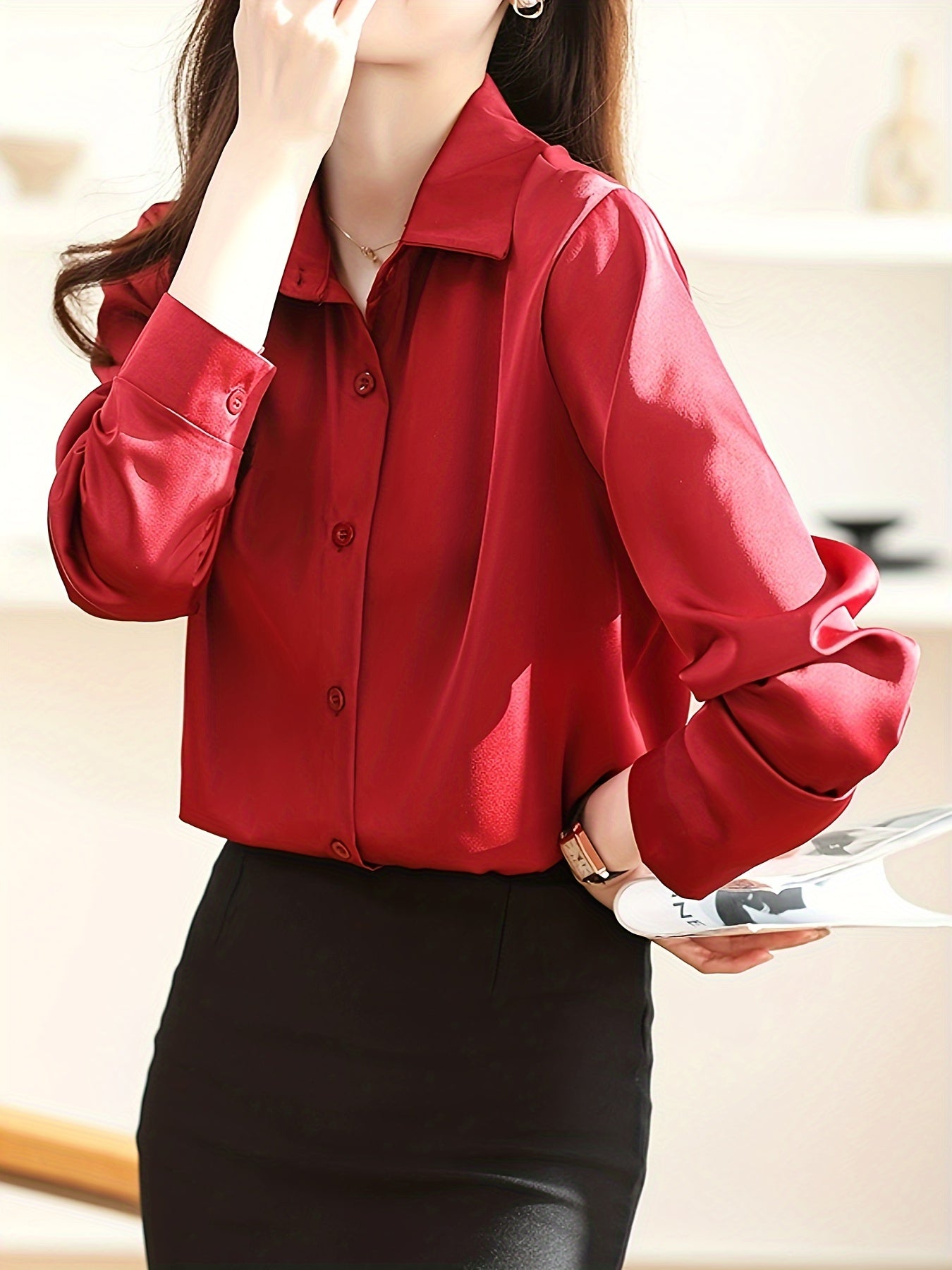 Luxury Feel Wrinkle-Resistant Satin Shirt for Women | Solid Color