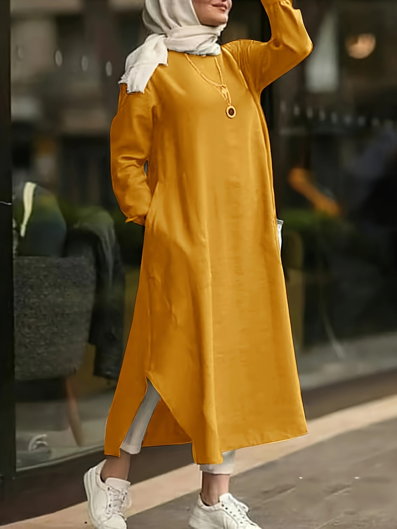 Solid Split Kaftan Dress, Modest Long Sleeve Maxi Dress '/MH