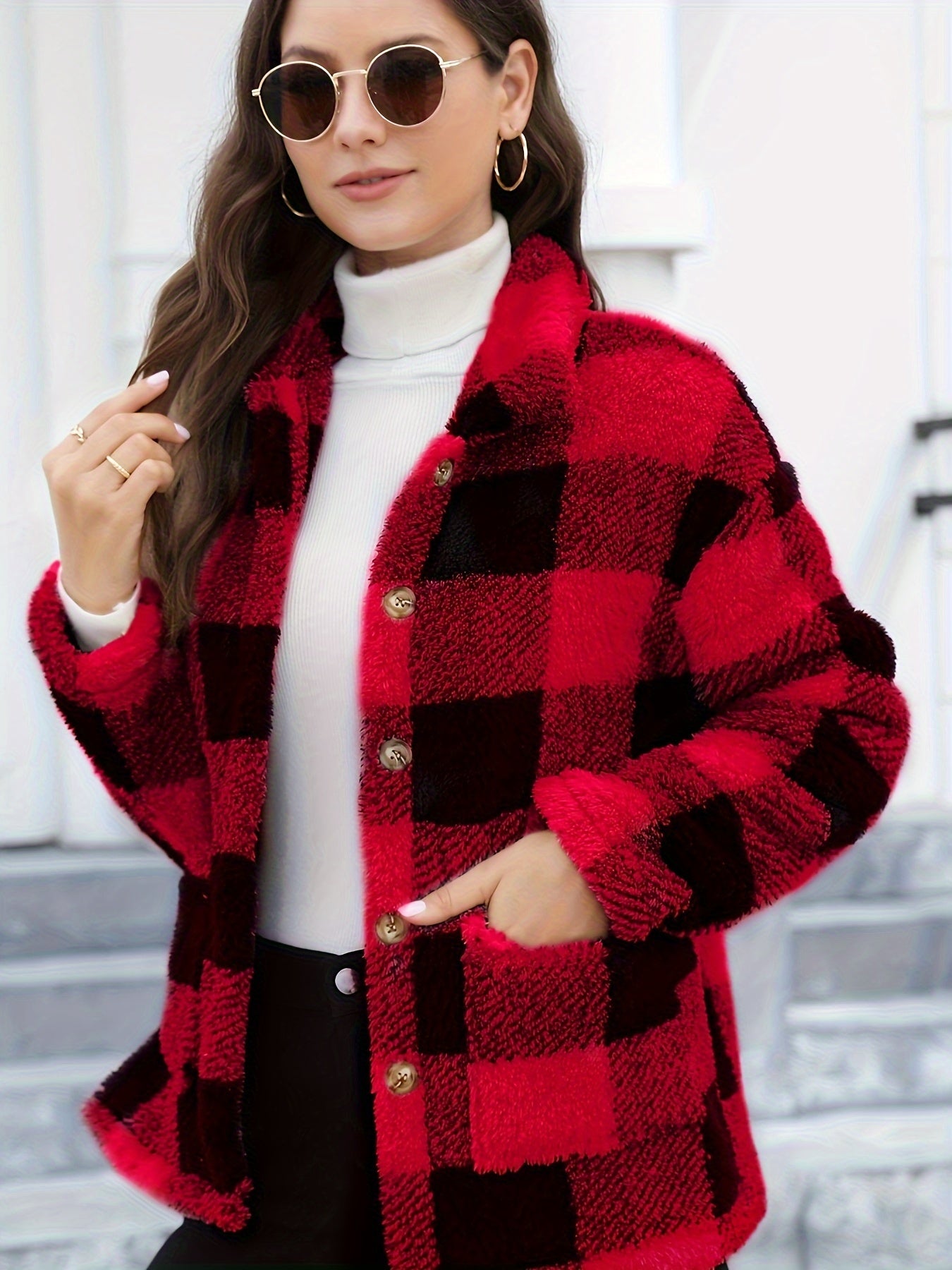 Long Sleeve Plaid Print Teddy Coat with Patched Pockets - Soft, Warm,