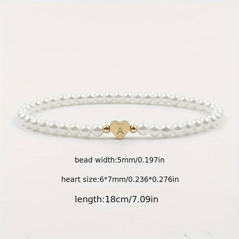 1pc Classic Initial A-Z Lettering Heart Faux Pearl Beaded Bracelet, Elegant Party Jewelry Birthday Gift For Teen Girls