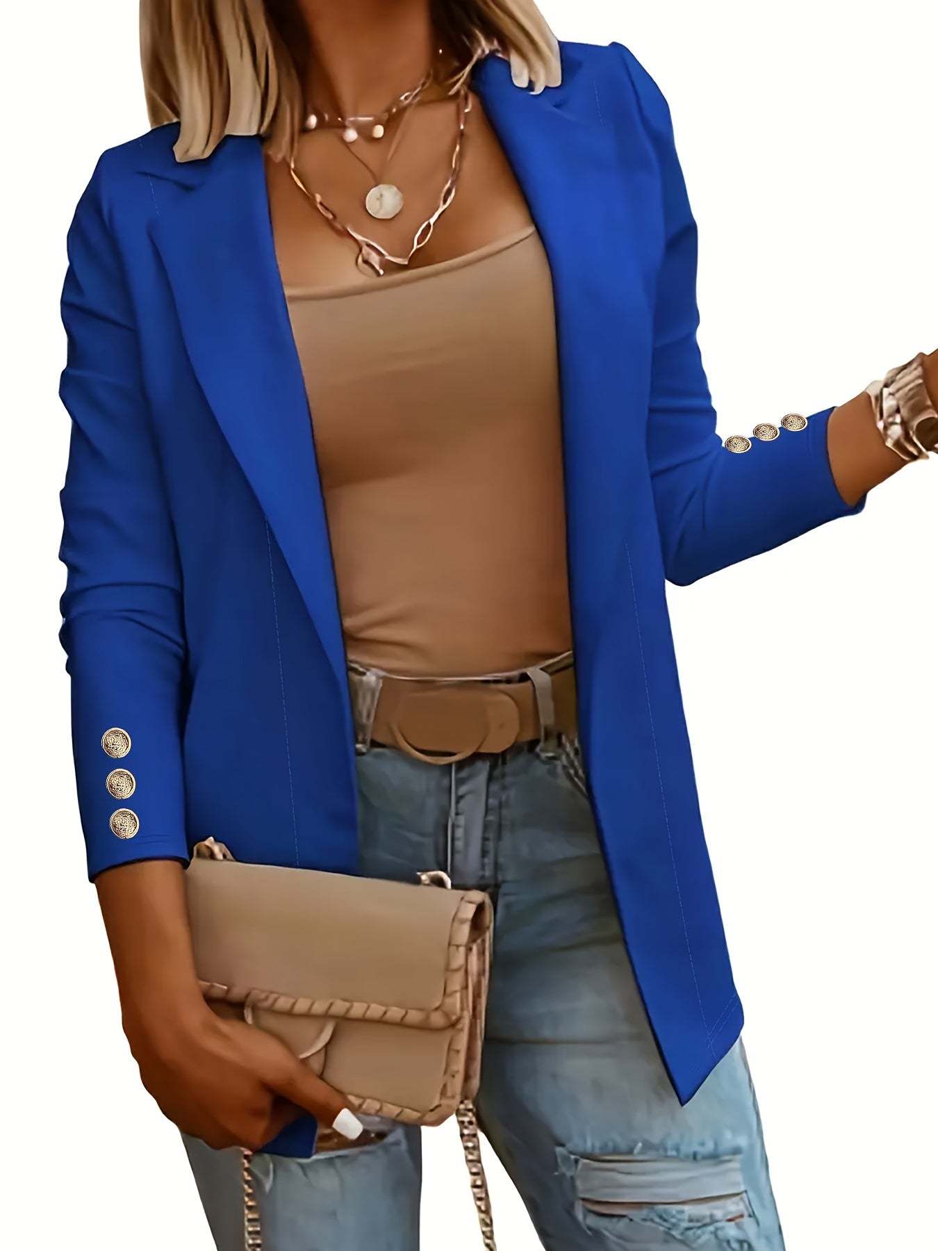 Solid Open Front Lapel Blazer, Elegant Button Decor Long Sleeve Blazer.