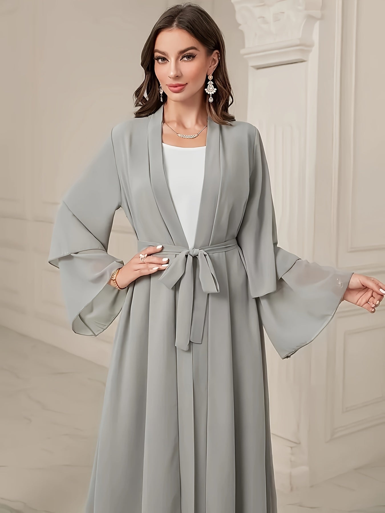 Solid Color Tie Waist Modest Dress, Elegant Layered Hem Maxi '/MH