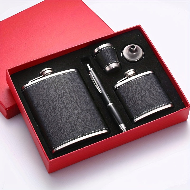 1 Set 8oz/1pc 30Z/1pc 80Z Black Leather Flask 8oz 18/8 stainless steel soft touch leather wrapped Flask Gift Set 2 cups and chimney 100% leak-proof whiskey and rum and vodka bottle body for both men and women