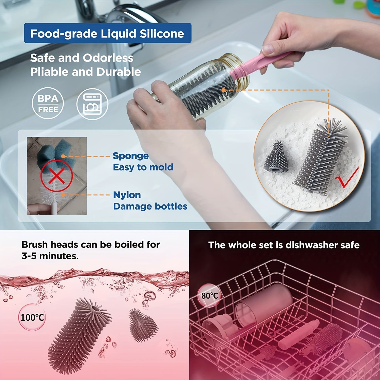 ZhenNian Travel Bottle Brush Set With Extendable Silicone Bottle Brush, Nipple Brush, Magnetic Bottle Drying Rack, Straw Cleaner Brush, Bottle Soap Dispenser, Pink, halloween, Thanksgiving, Christmas Gift