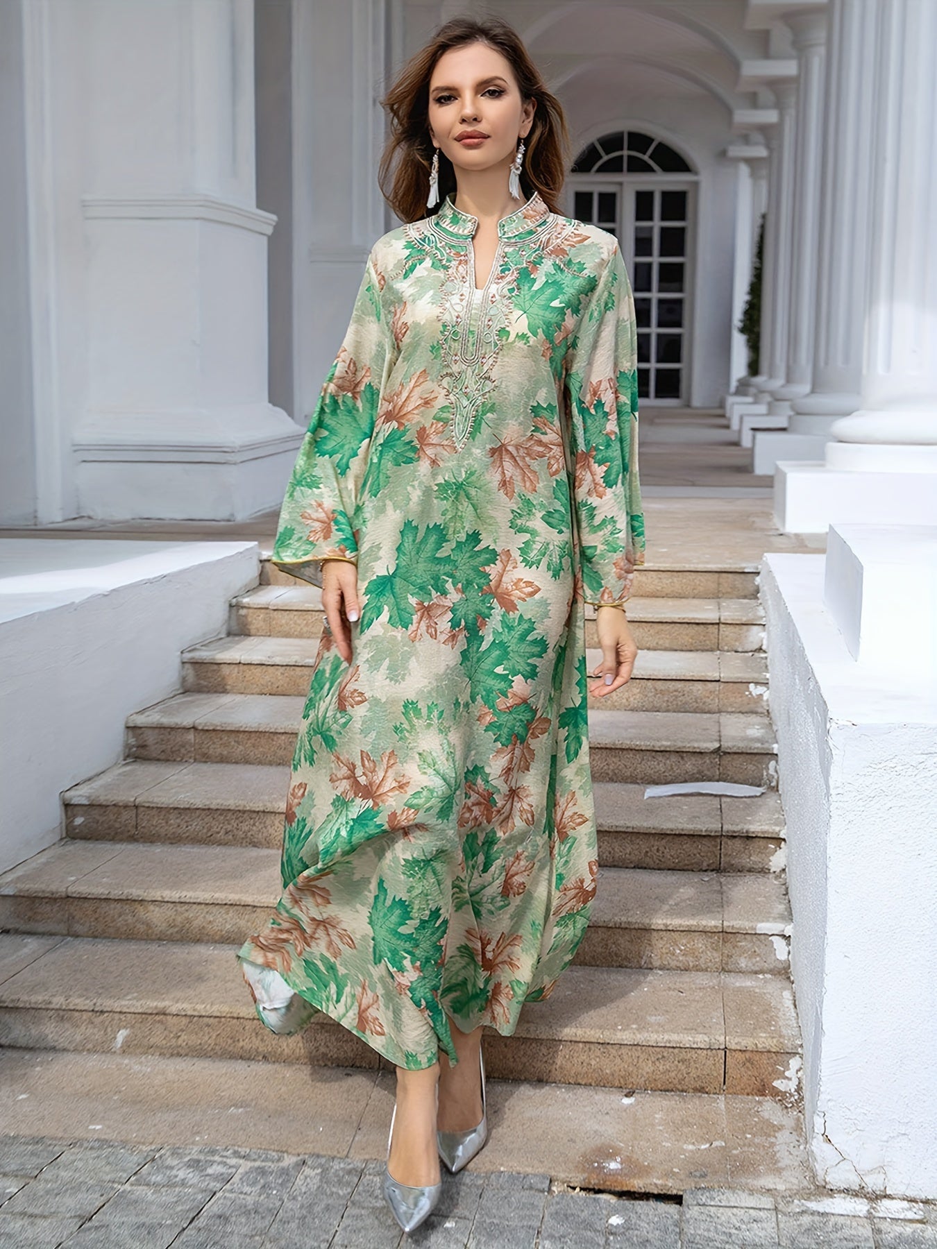 Maple Print Tie Neck Kaftan Dress, Elegant Long Sleeve 'MH