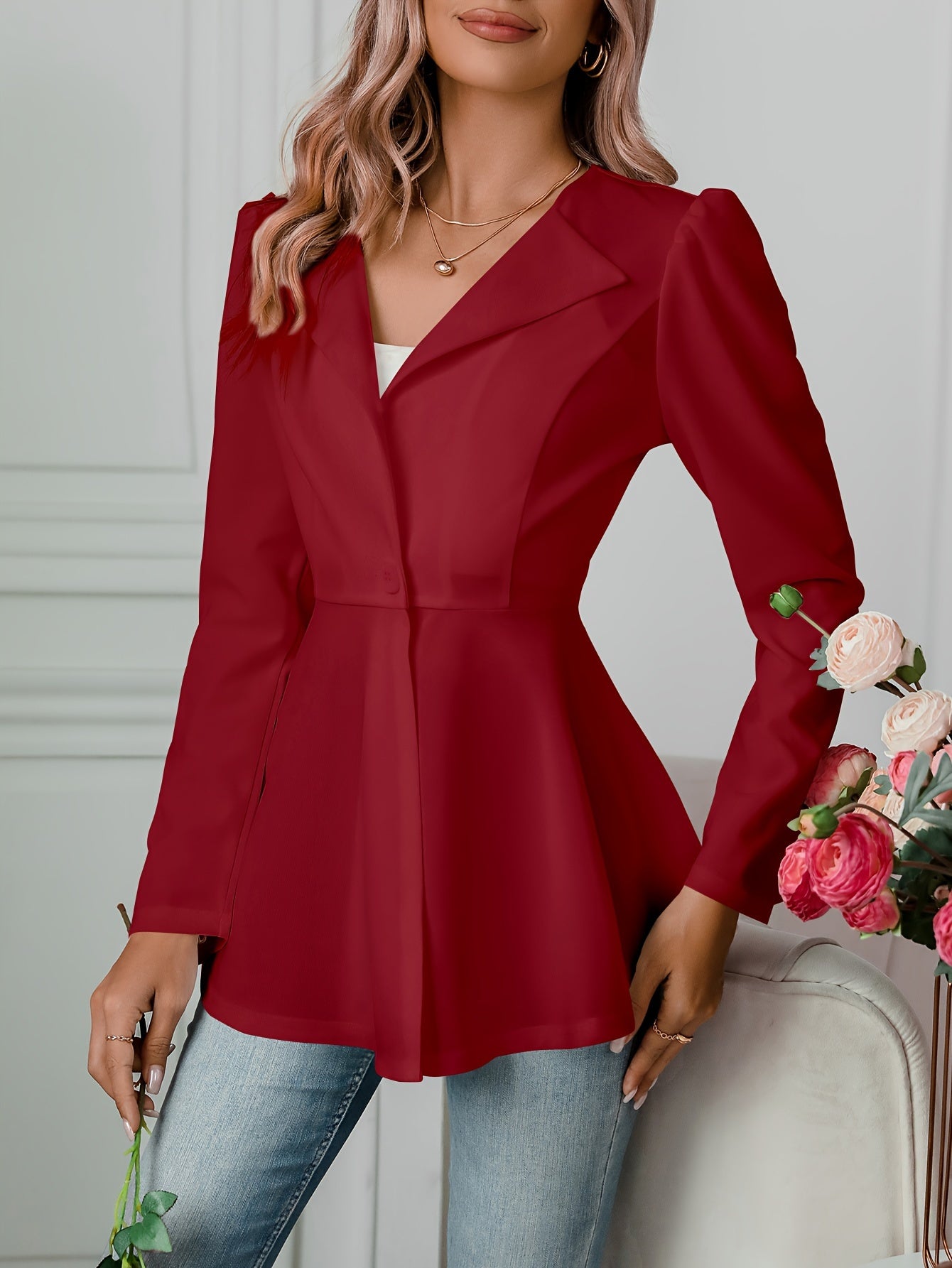Notched Collar Flare Blazer, Elegant Long Sleeve Button Front Coat,