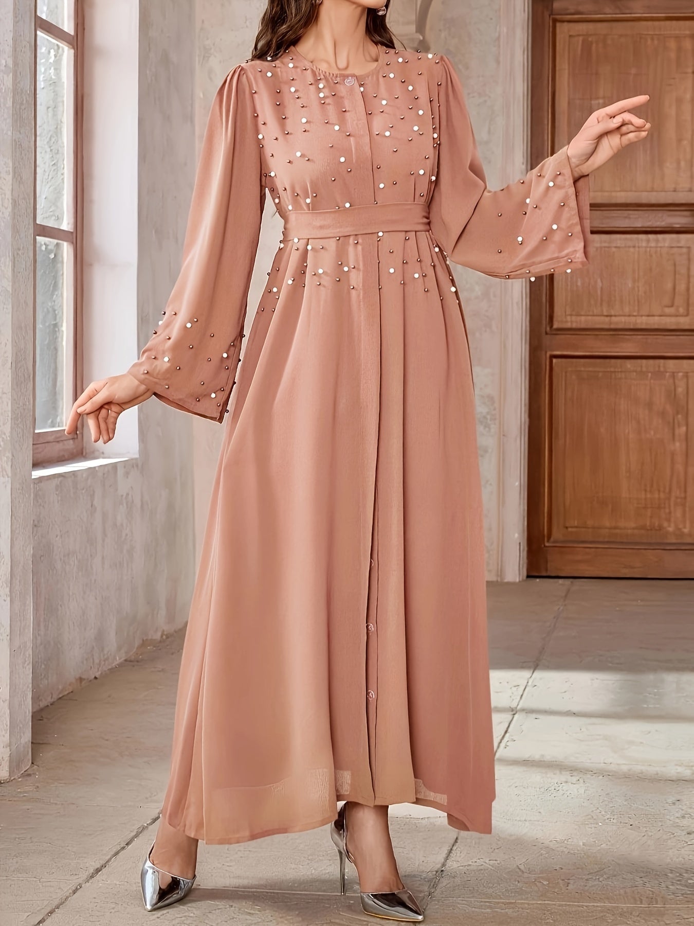 Elegant Navy Blue Abaya with Pearl Embellishments and Belt -/MH