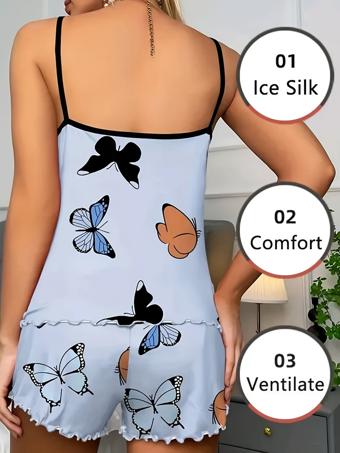 Casual Butterfly Print Lettuce Trim Pajama Set,
