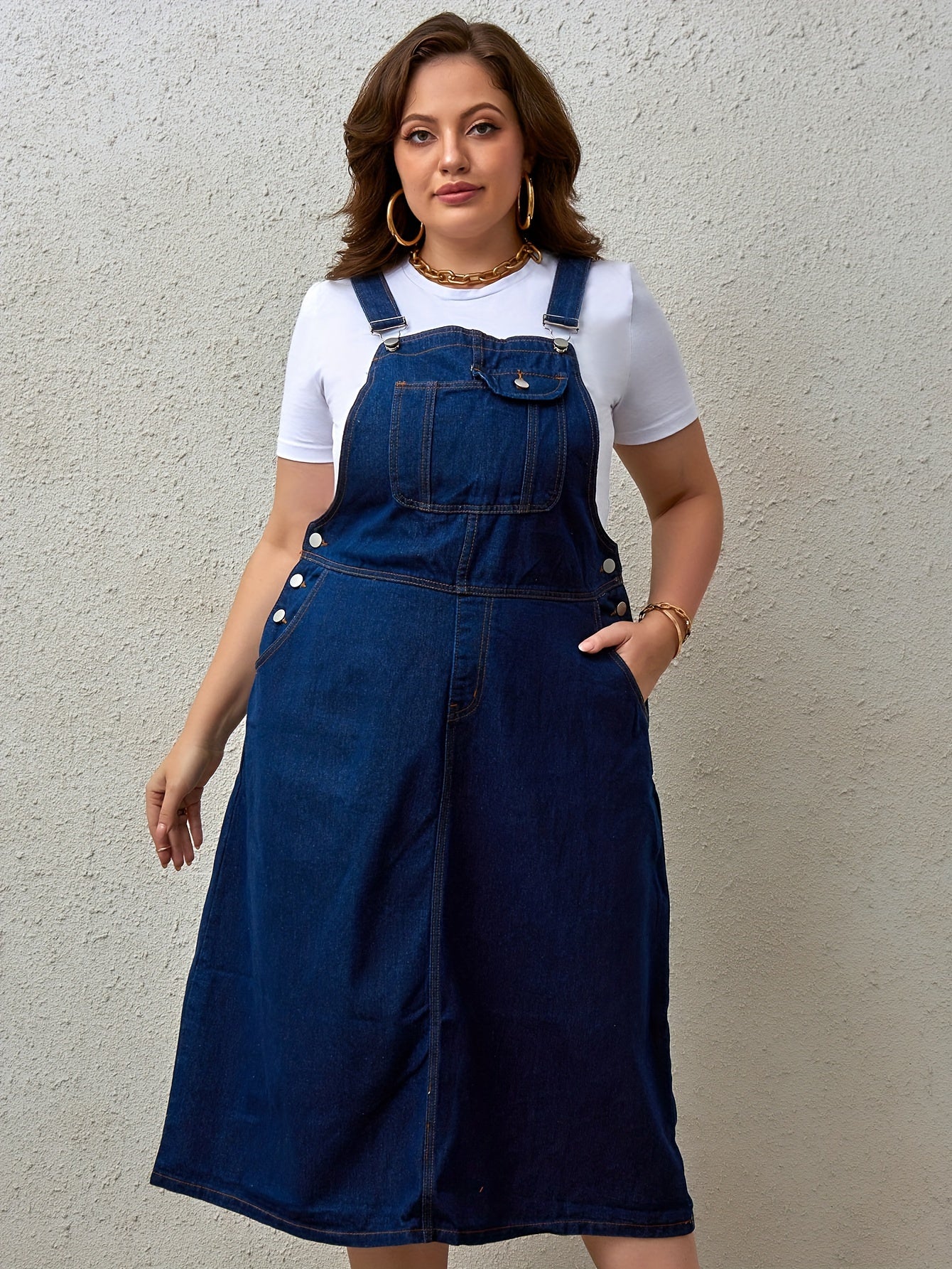 Plus-size denim dress with one-piece straps