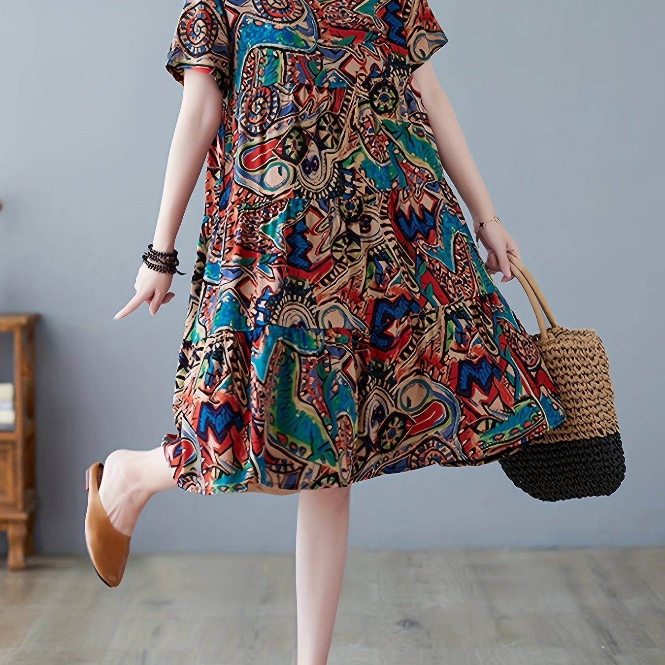 Paisley Print Crew Neck Dress, Casual Short Sleeve Loose Fit Dress./MH