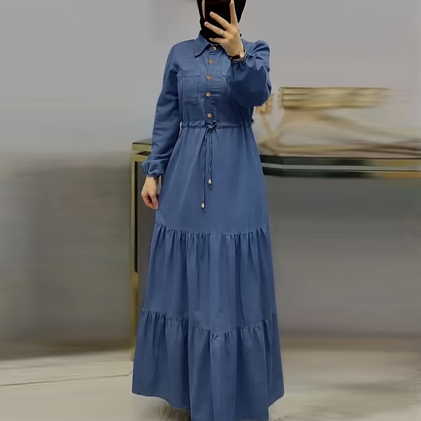 Long Sleeve Shirt Collar Modest Dress, Drawstring Waist Solid Abaya, ./MH