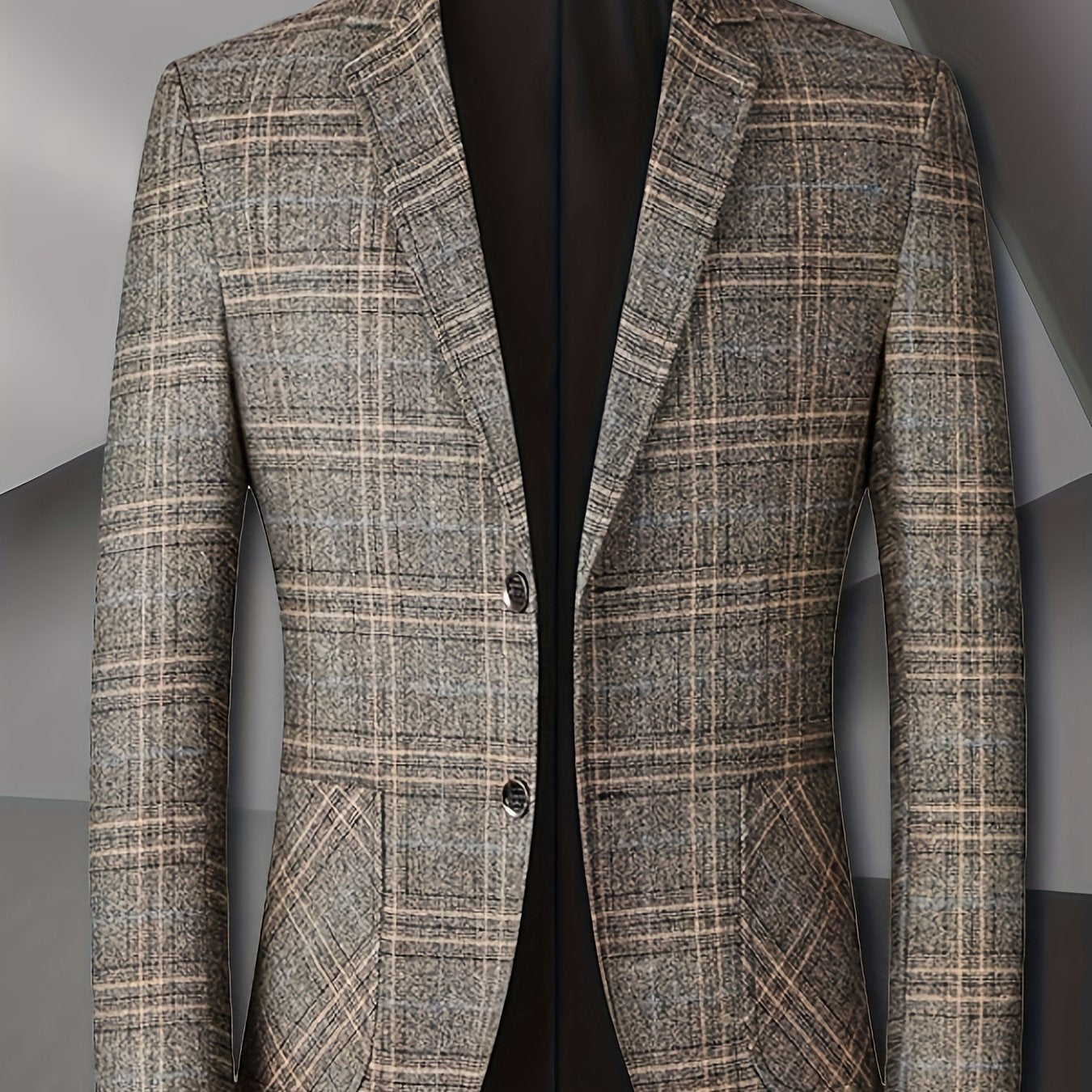 Men'S Checked Pattern Blazer with Pockets - Formal Two-Button Lapel,