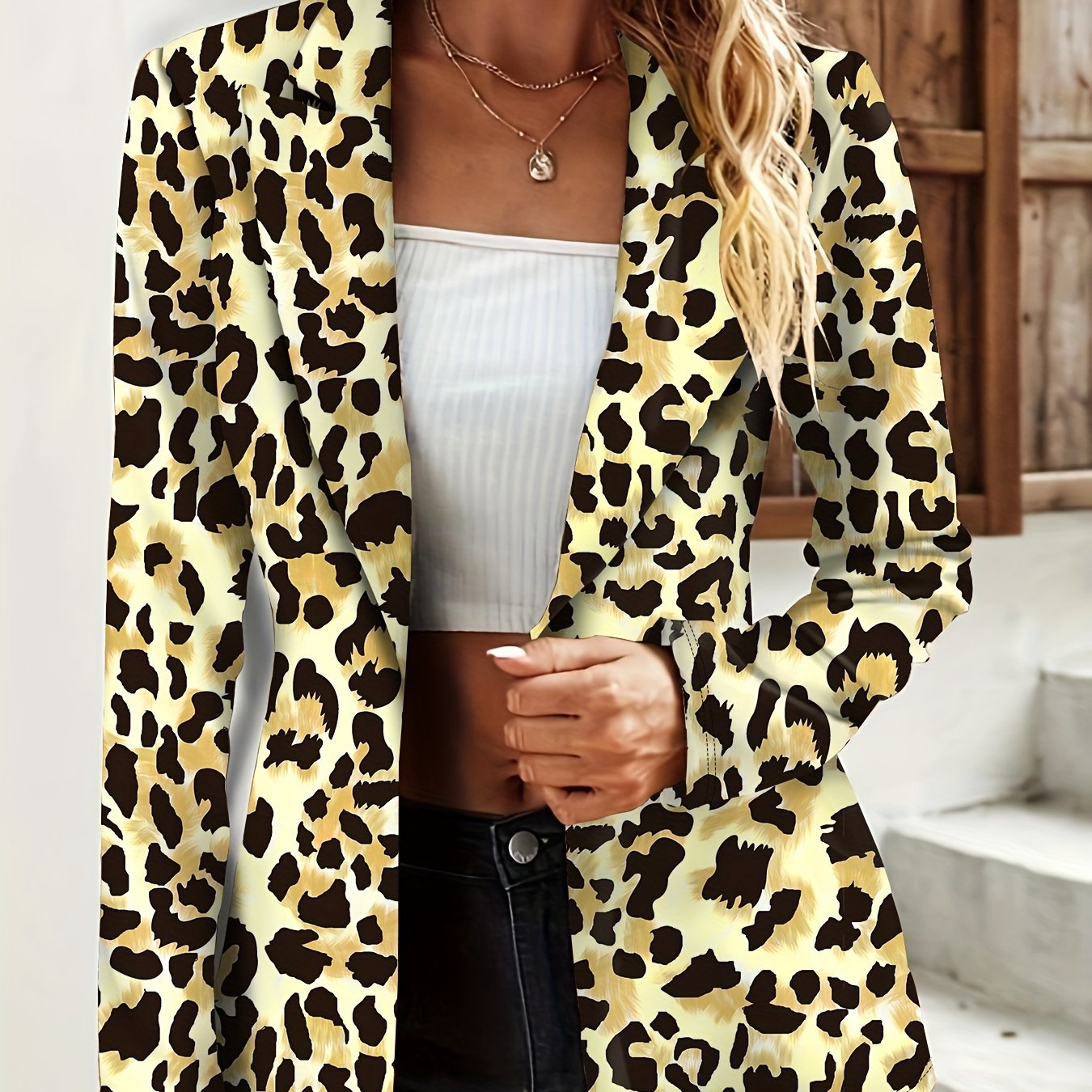 Leopard Print One Button Blazer, Casual Lapel Long Sleeve .