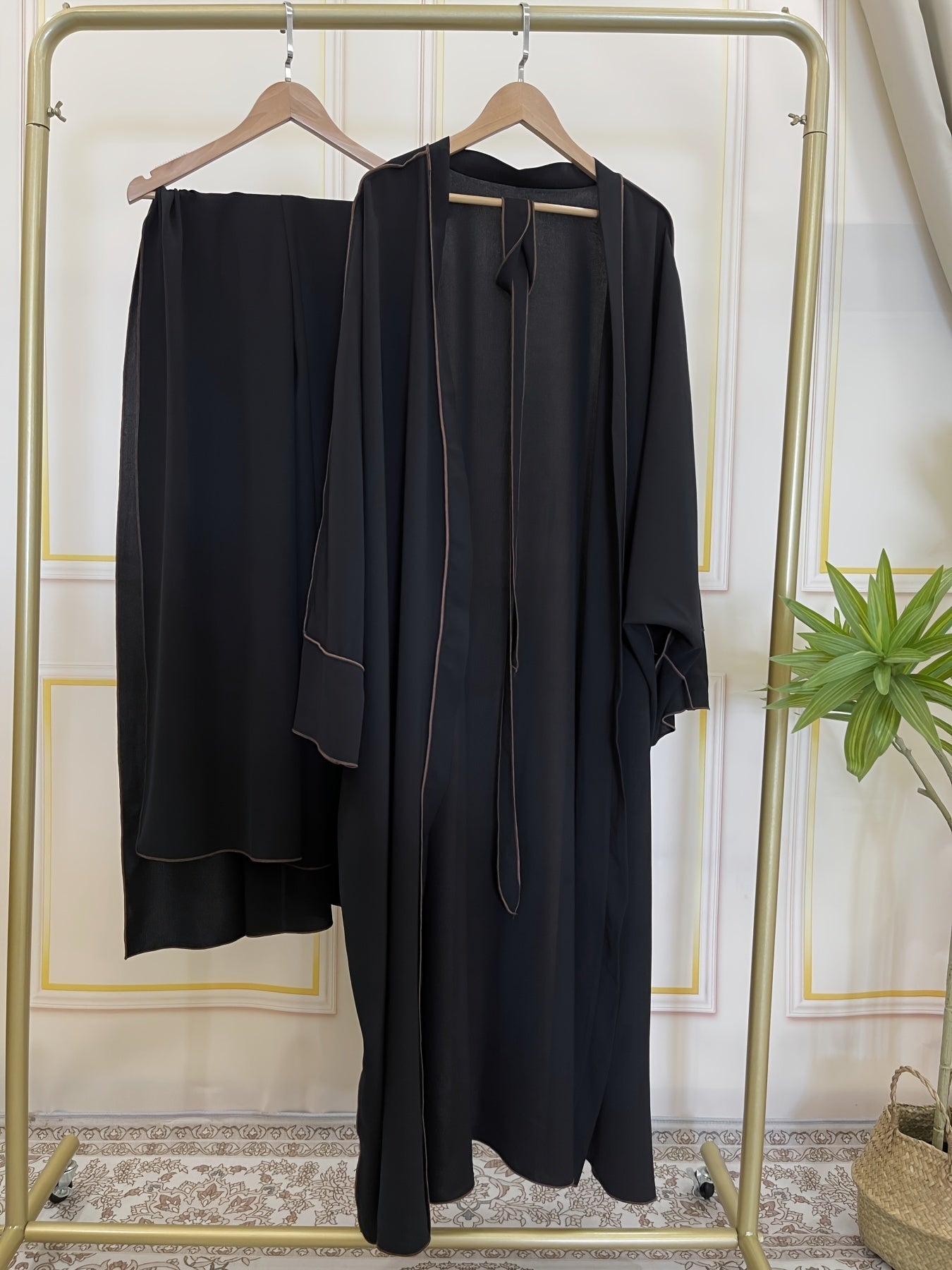 Elegant Contrast Trim Two-piece Set, Open Fron& Khimar Hijab,/MH