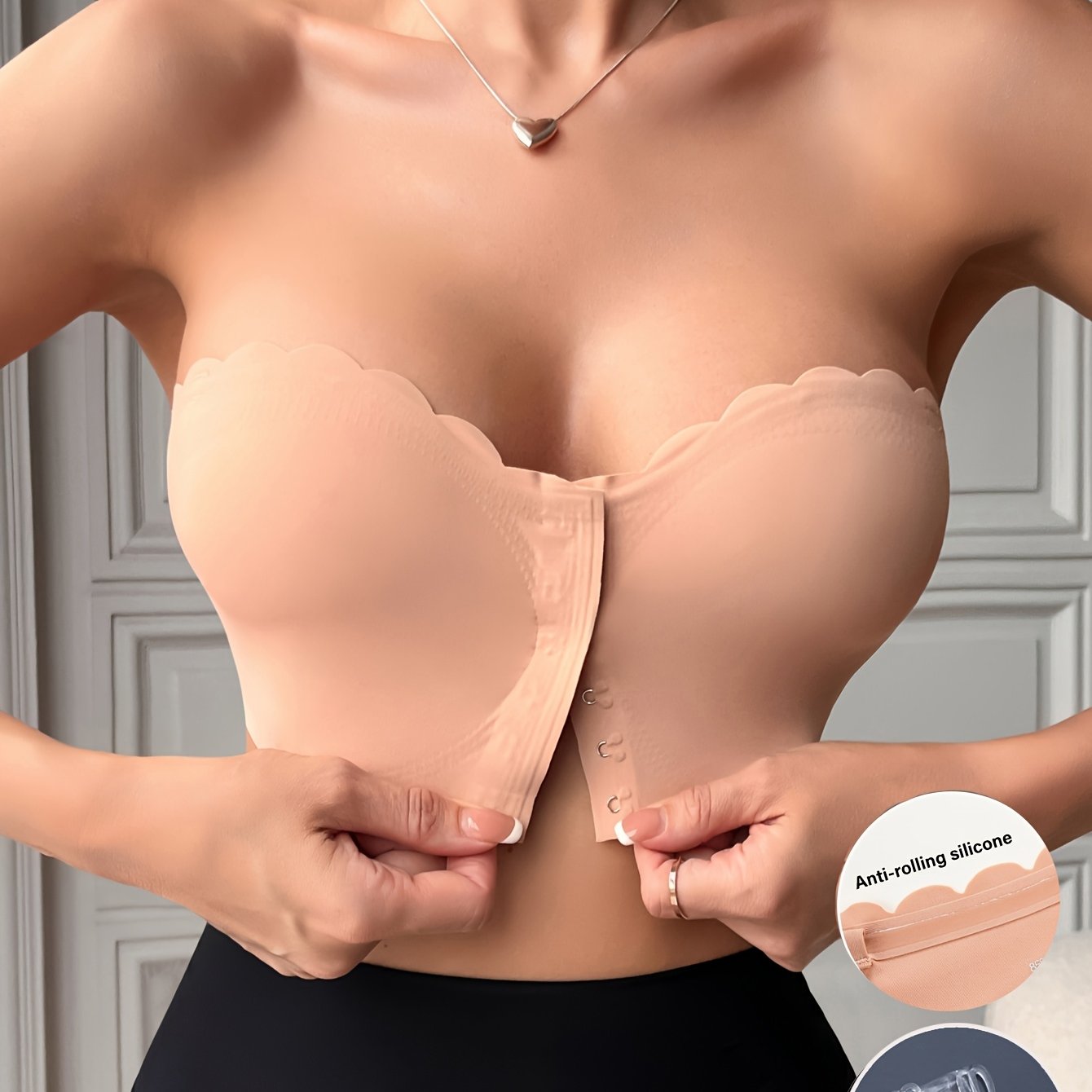 Solid Seamless Strapless Front Closure Wireless Strapless Bra,/MH
