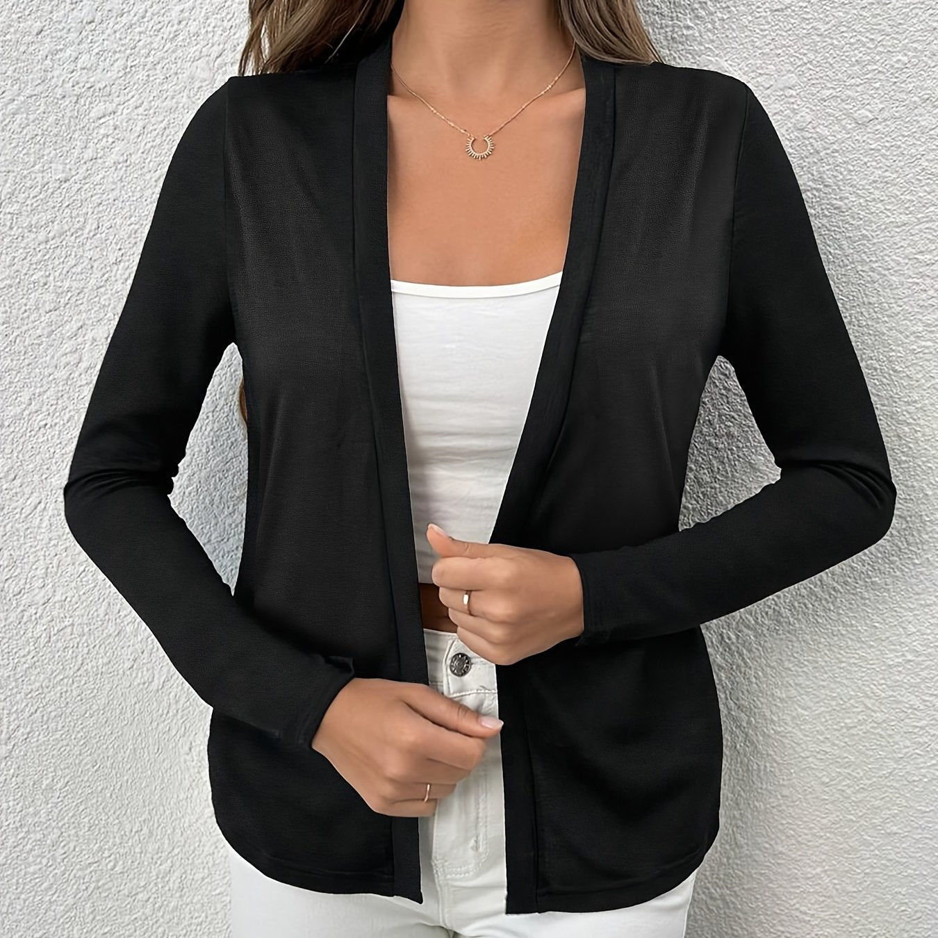 Contrast Lace Open Front Blazer, Elegant Solid Long Sleeve .