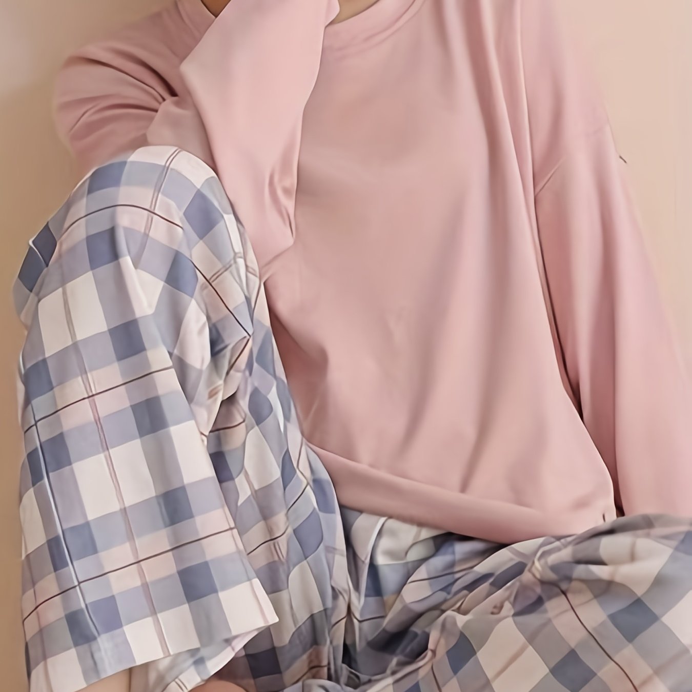 Plaid Print Crew Neck Pajamas Set,