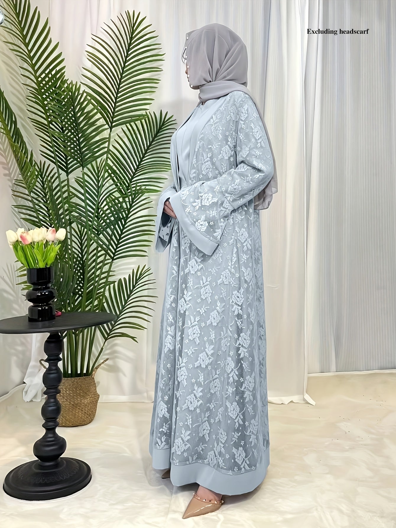 Cultural Grace, Elegant Light Blue Floral Abaya Set - /MH