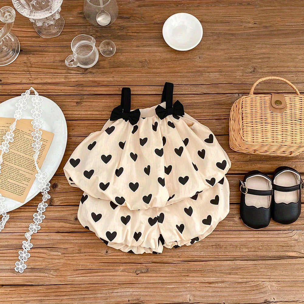 Baby Cotton Sleeveless Bowknot Decor Cami Top+Apricot Love Print Shorts 2pcs Set For Toddler Girls
