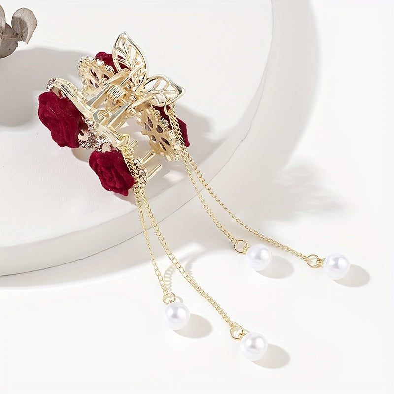 Elegant Red Rose Tassel Rhinestone Small Claw Clip,