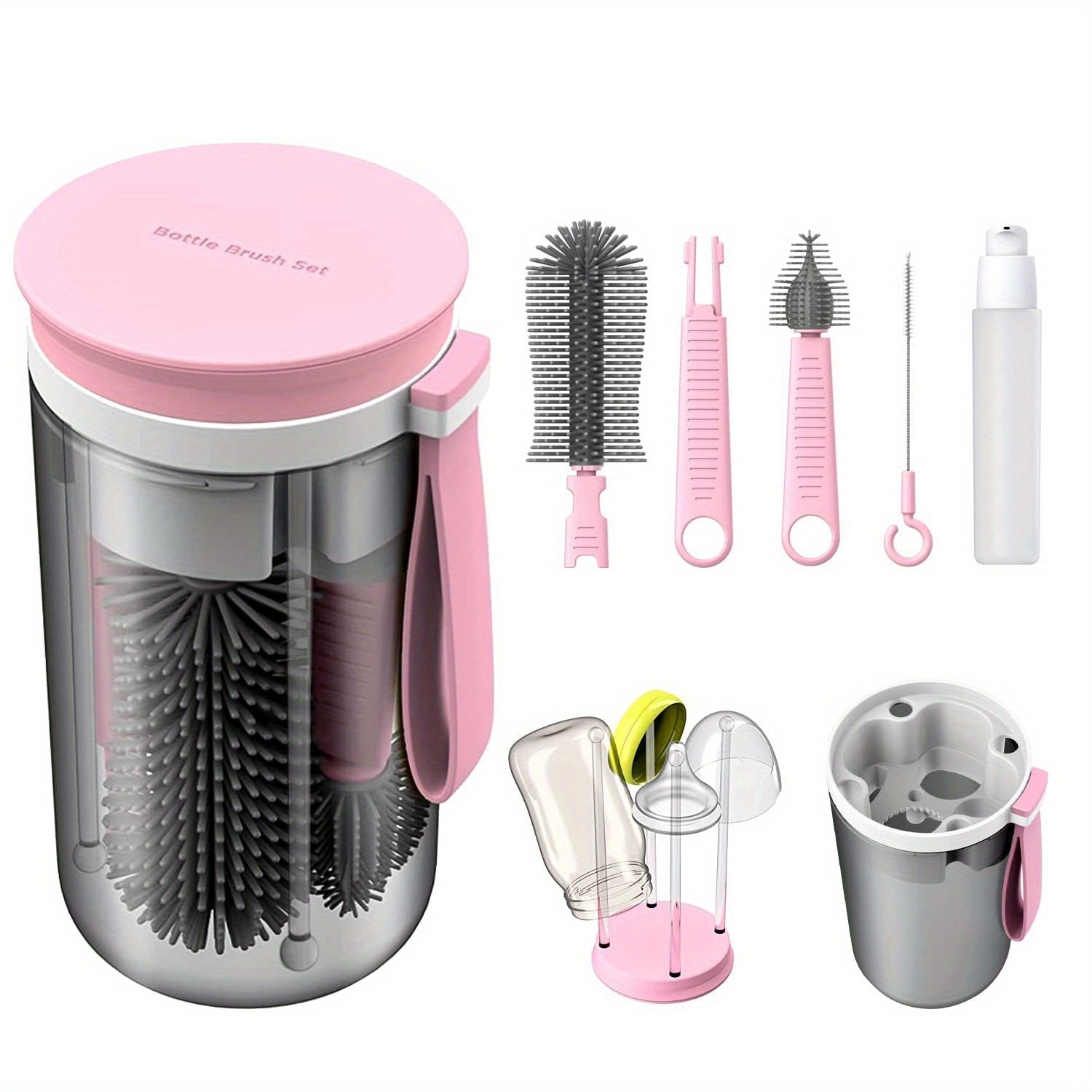 ZhenNian Travel Bottle Brush Set With Extendable Silicone Bottle Brush, Nipple Brush, Magnetic Bottle Drying Rack, Straw Cleaner Brush, Bottle Soap Dispenser, Pink, halloween, Thanksgiving, Christmas Gift