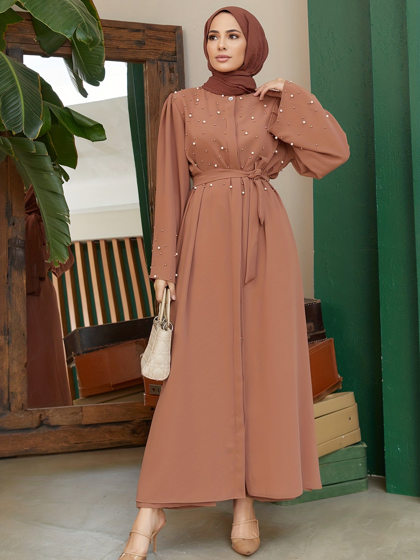 Elegant Navy Blue Abaya with Pearl Embellishments and Belt -/MH