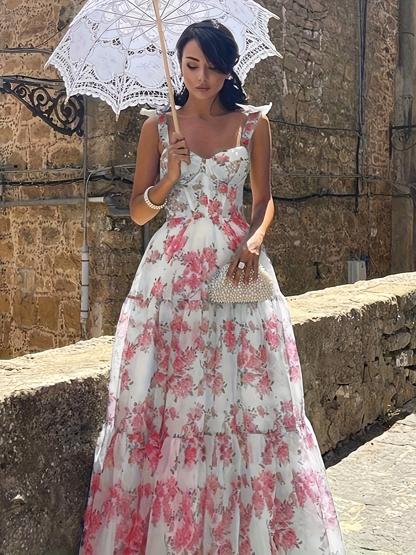 Elegant French Floral Off-Shoulder Long Dress - /MH