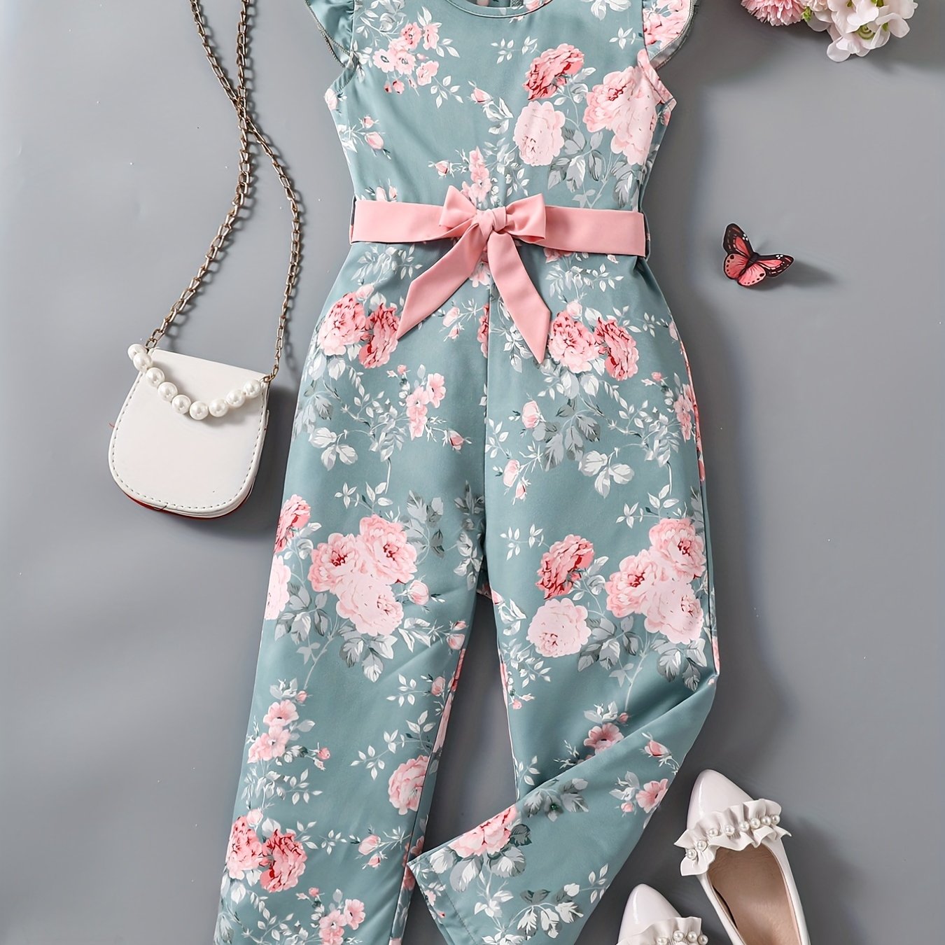 Toddler Girls Flowers Graphic Flutter Sleeve Belted Rompers Wide.