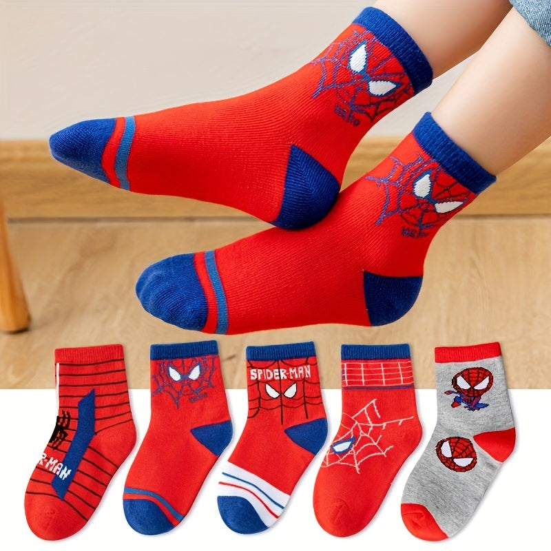 5 Pairs Of Boy's Cotton Spiderman Cartoon Design Crew Socks, /MH