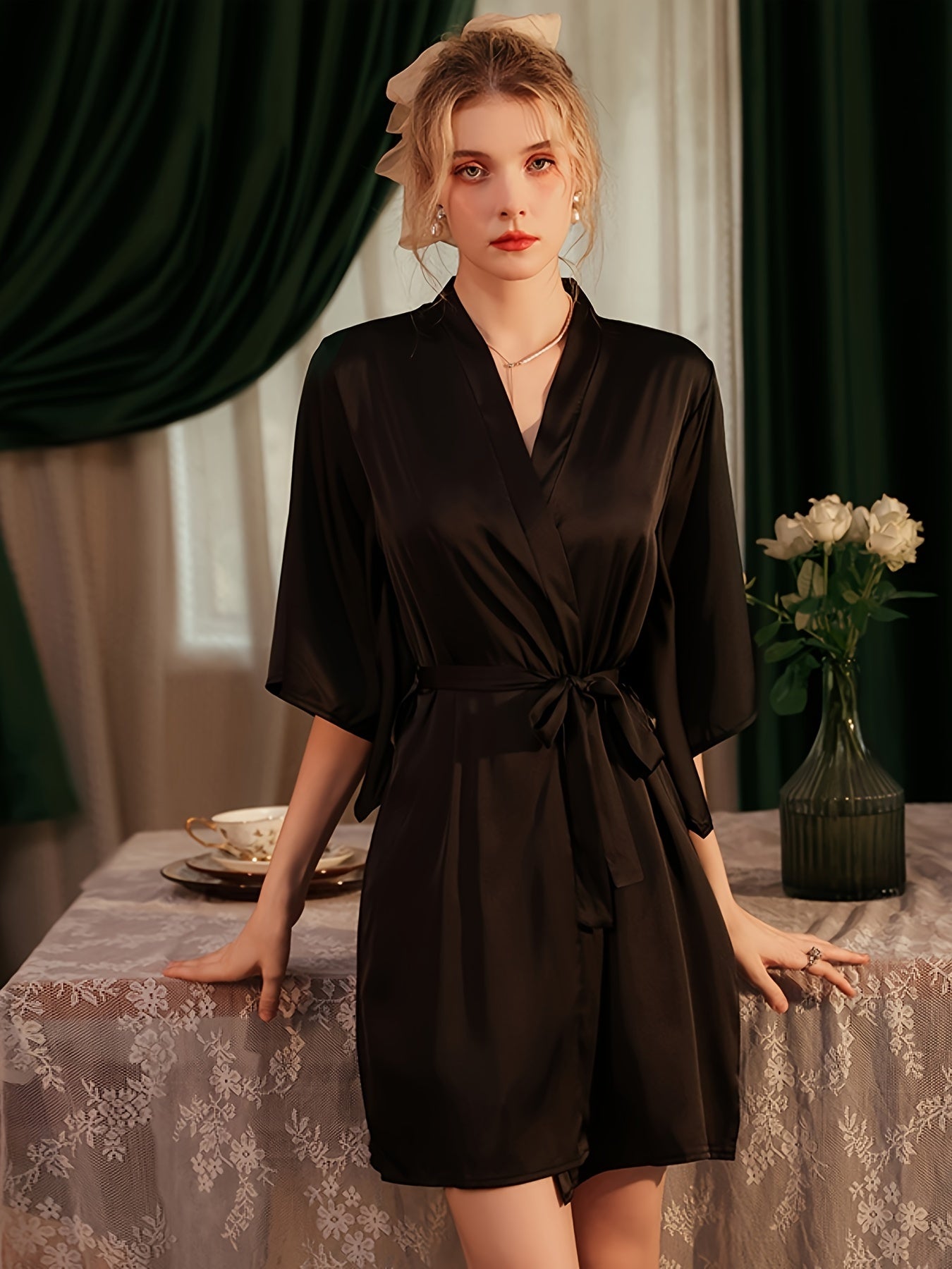 Elegant 4-Piece Lingerie Robe Set, Includes Kimono, Waist Belt, MH
