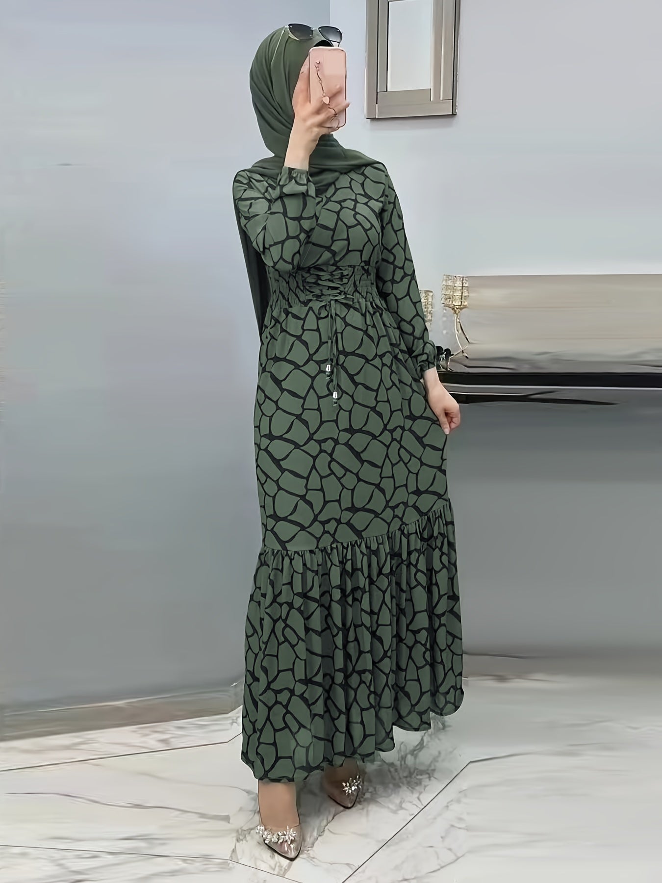 Allover Print Maxi Kaftan Dress, Casual Long Sleeve '/MH