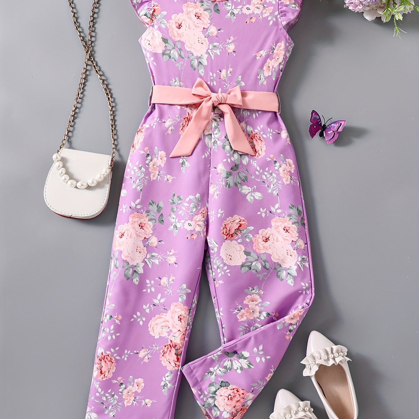 Toddler Girls Flowers Graphic Flutter Sleeve Belted Rompers Wide.