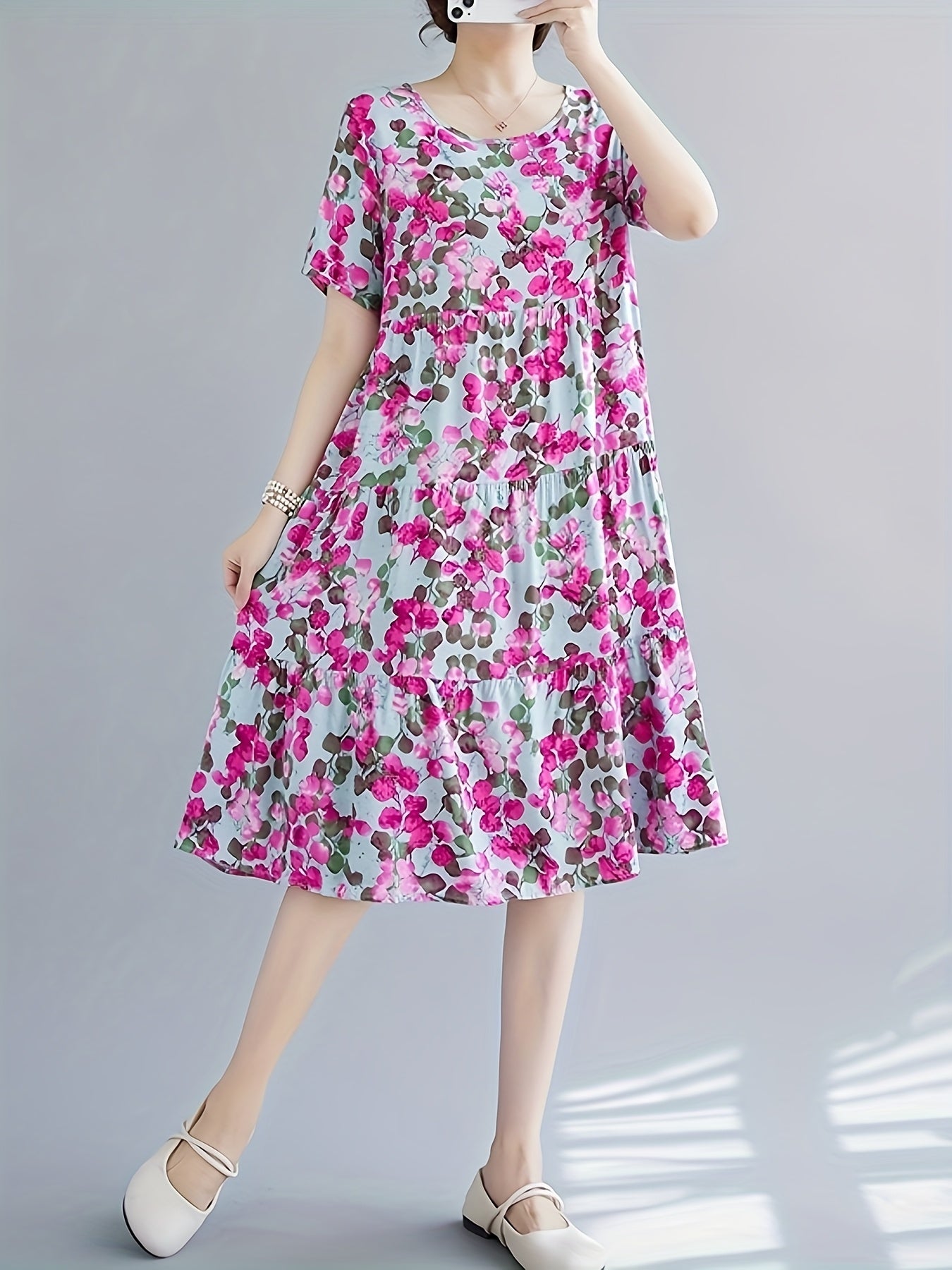 Paisley Print Crew Neck Dress, Casual Short Sleeve Loose Fit Dress./MH