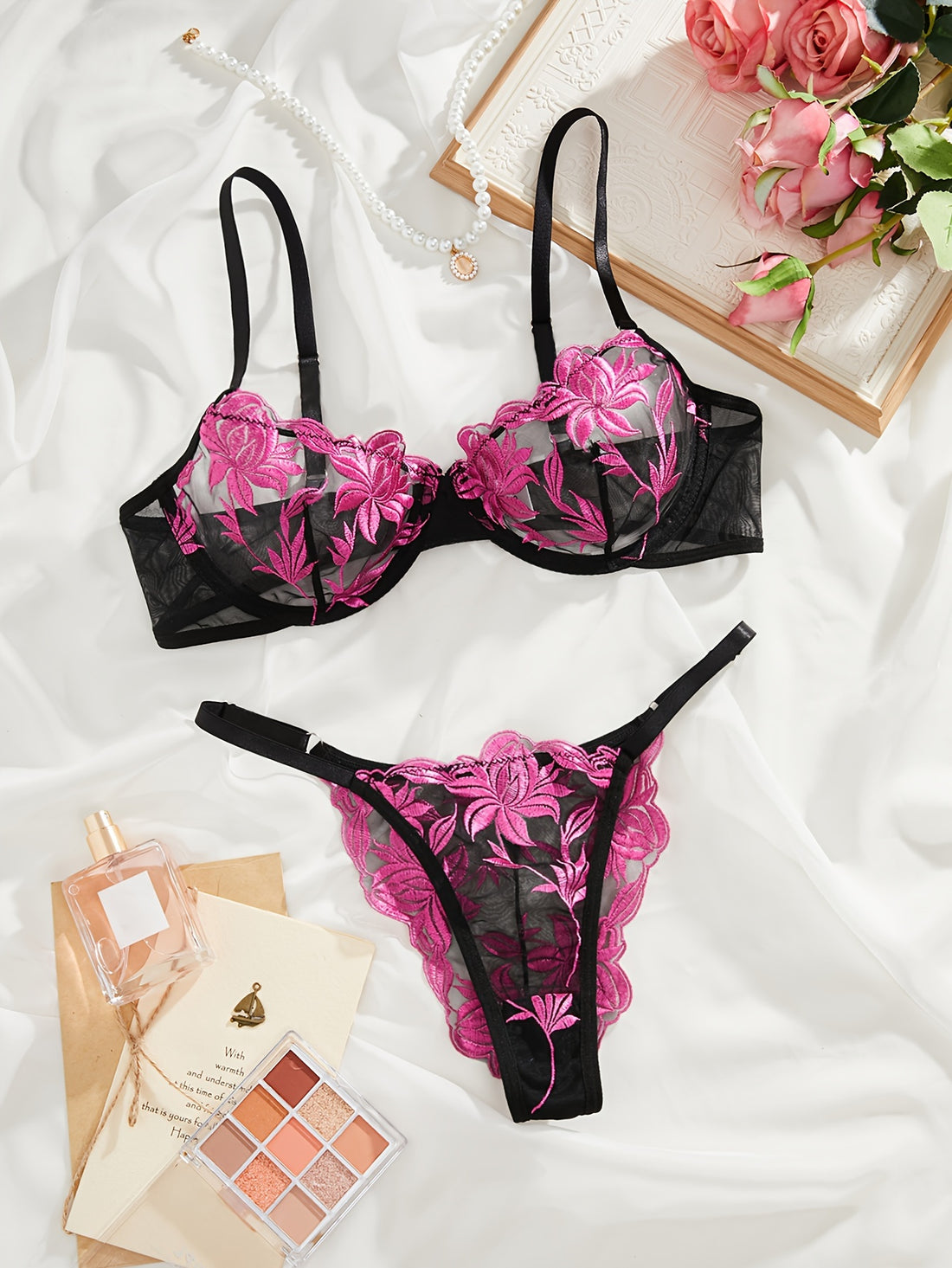 Sexy Lingerie Set, Color Block Floral Embroidery Mesh Cami Bra '/MH