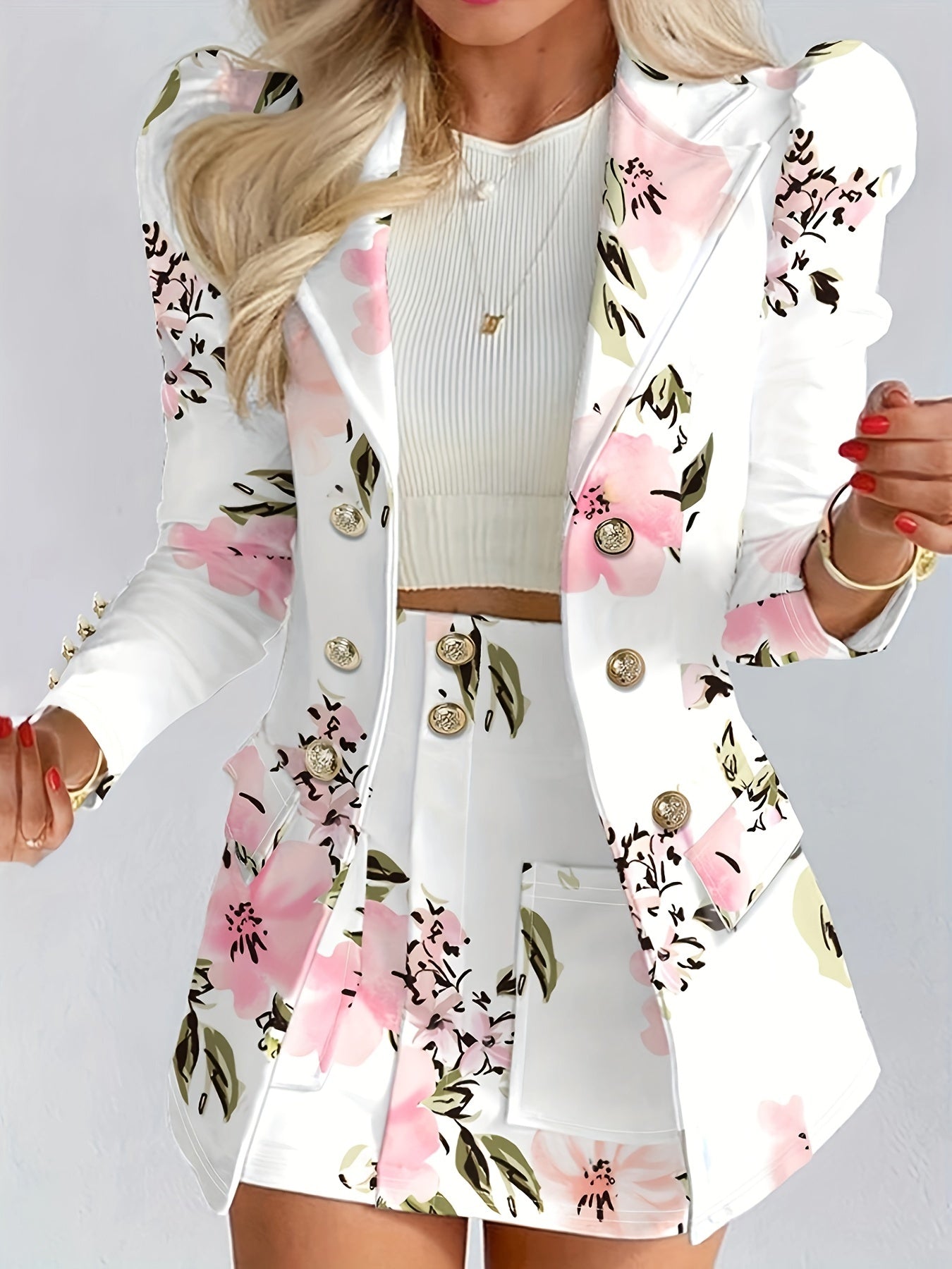 Two-Piece Floral Print Suit Set - Elegant Double Breasted Blazer.