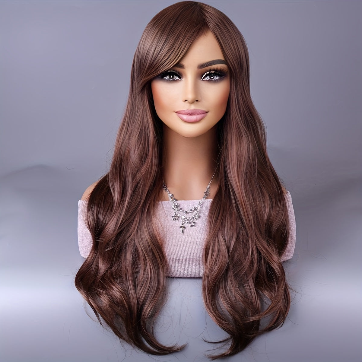 Long Reddish Brown Curly Wig With Bangs For Women Curly Wavy Wigs Synthetic Heat Resistant Fiber For Daily Party Cosplay Use