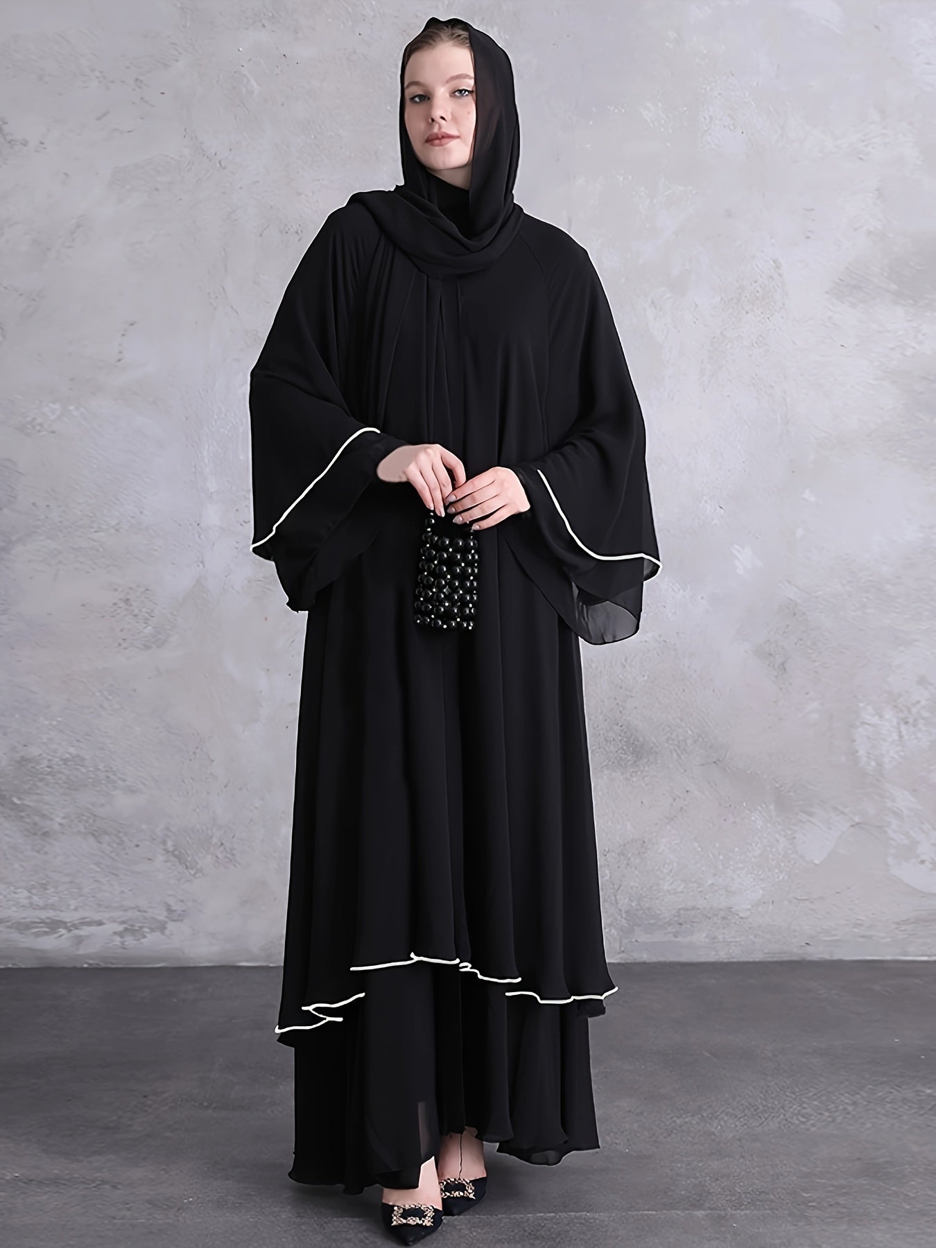 Contrast Trim Long Flare Sleeve Kaftan Dress, /MH