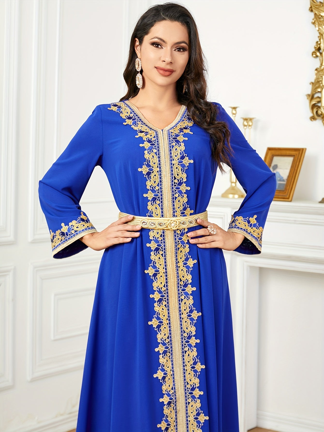 Contrast Lace V-neck Kaftan Dress, Elegant Long Sleeve'/MH