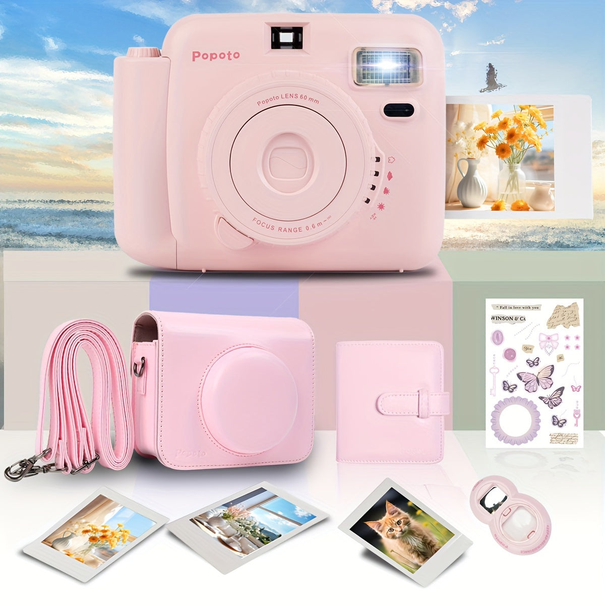 Popoto Instant Camera Gift Set with PU Case - Flash-Enabled, Battery-Free Photography Kit for Outdoor Parties (Camera & Accessories Included, No Batteries or Film)