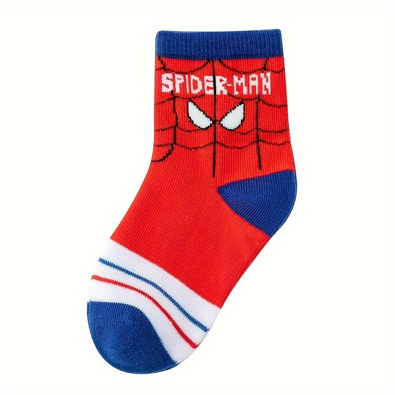 5 Pairs Of Boy's Cotton Spiderman Cartoon Design Crew Socks, /MH