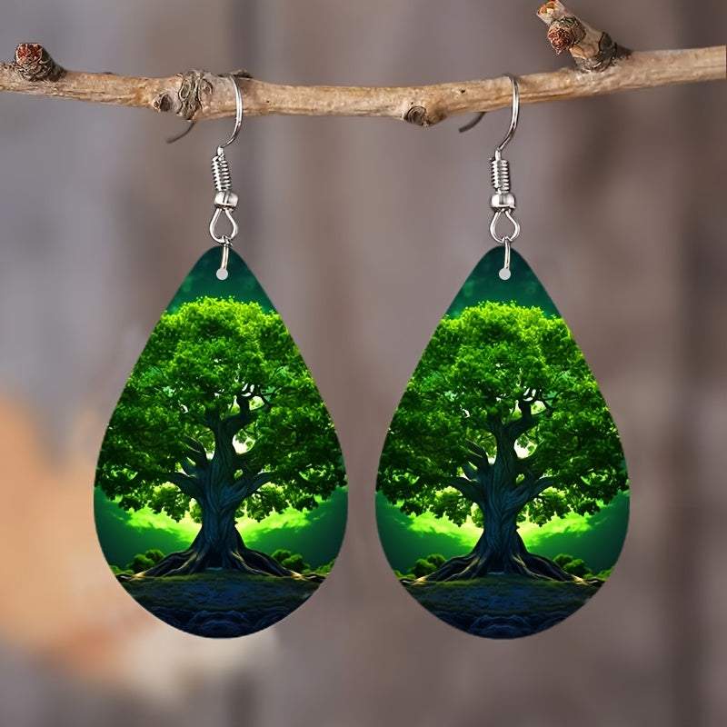 1 Pair Unique Tree of Life Wooden Earrings - Drop & Dangle Jewelry with Waterdrop Design, Flower Pattern, and Leaves Motif - Perfect Gift for Girls and Nature Lovers