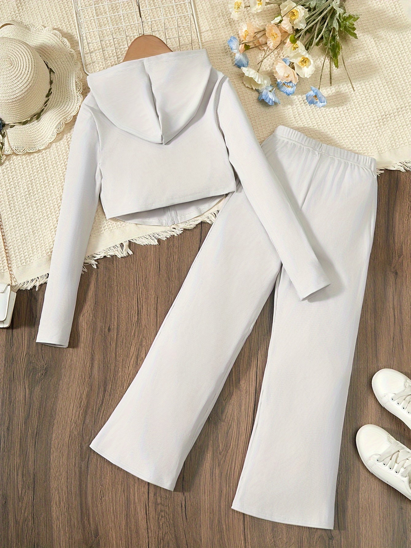 Elegant Girls Slim Outfits 2pc, Zip Hoodies + Loose Fit Flare Pants Kids Clothes.